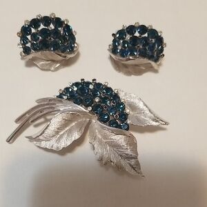 Trifari Silver-Tone Leaf Brooch and Clip Earrings with Deep Blue Rhinestones